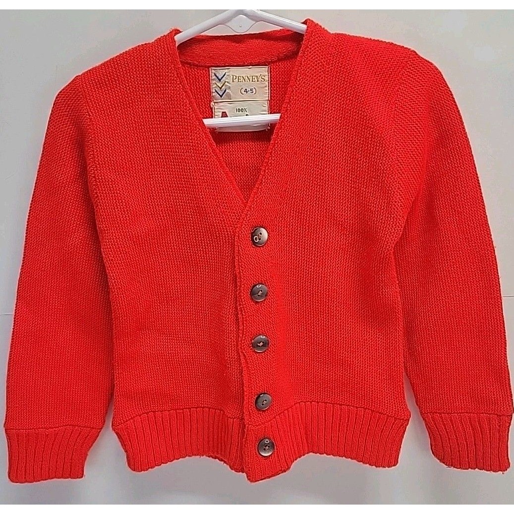 Vtg Jc Penny Hunter Orange Sweater Cardigan 1960s Button Up Sz 4/5